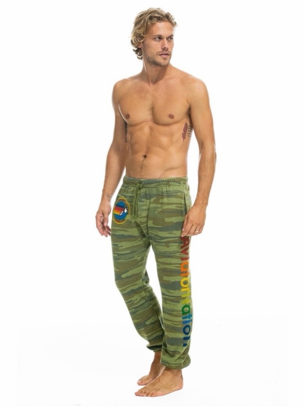 Aviator Nation Unisex L Rainbow LOGO SWEATPANTS CAMO Army Green Jogger Logo Pant